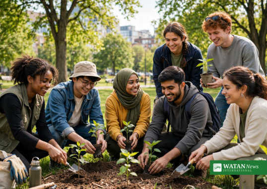 Diverse young climate ambassadors planting tree seedlings together in a city park