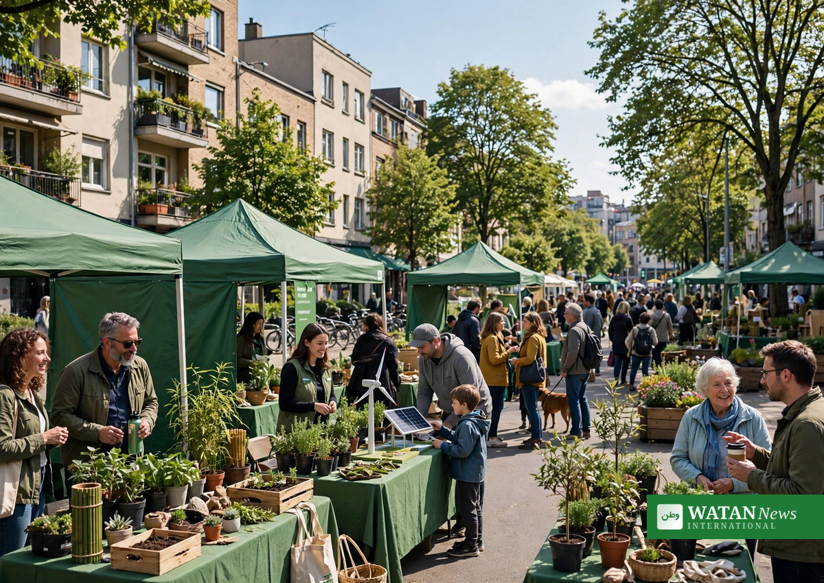Outdoor community climate roadshow event with residents visiting green information booths