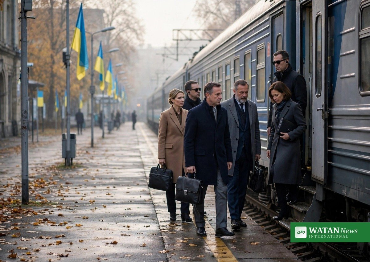 German Chancellor Friedrich Merz's unannounced Kyiv visit: delegation arriving by train at Kyiv's central railway station