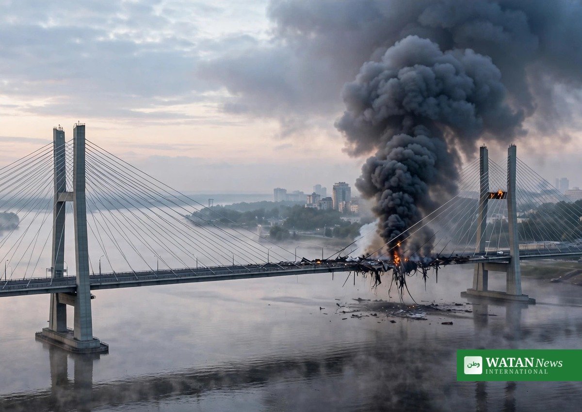 Smoke rising from a bridge across the Dnipro in Kyiv after a Russian strike during the Merz Kyiv visit