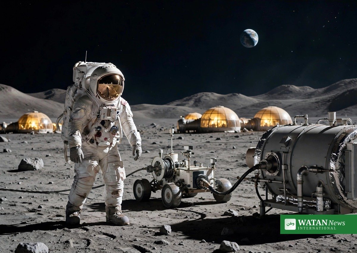 Astronaut ved en reaktormodul på Månen – atomreaktorer på Månen skal sikre strøm under den 14 dage lange nat