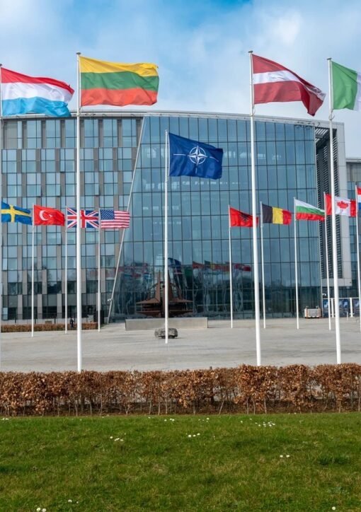 NATO headquarters in Brussels with member states flags