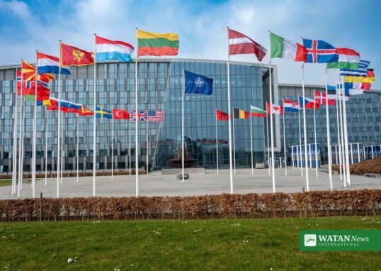 NATO headquarters in Brussels with member states flags
