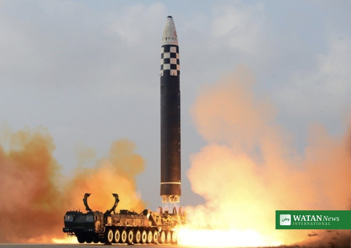 Hwasong ballistic missile rising during a North Korean missile launch