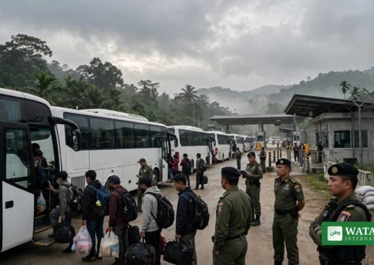 Buses prepared for migrant repatriation at the Malaysia-Myanmar border