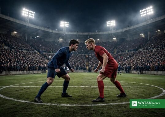 Two footballers facing off in packed night stadium
