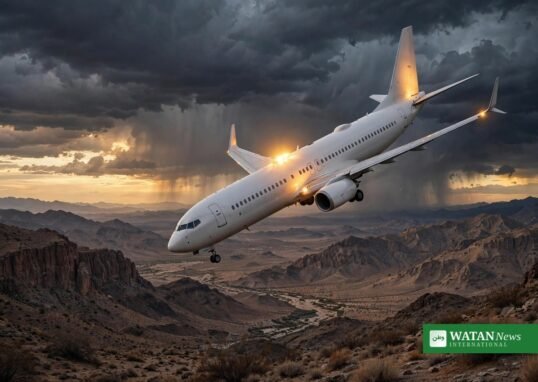 Airliner descending over desert mountains in storm