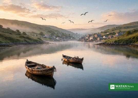 Calm Scandinavian fjord with fishing boats at sunrise
