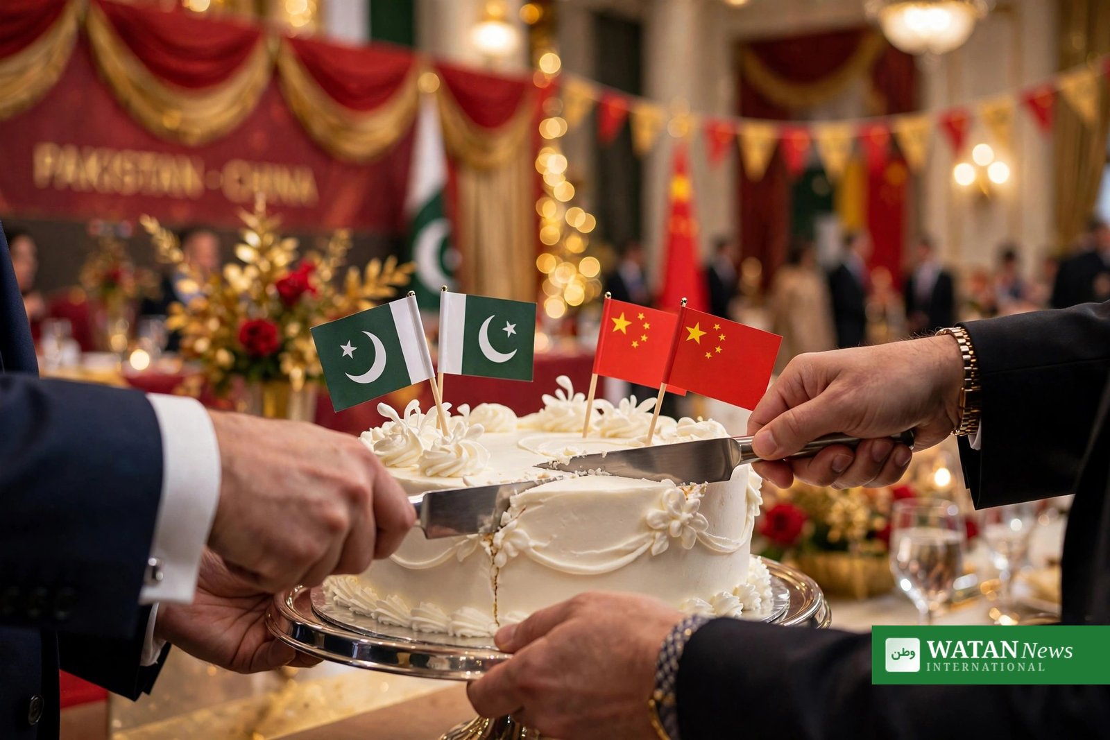 چین کی 77ویں سالگرہ کی تقریب میں پاکستان اور چین کے پرچموں والا کیک کاٹا جا رہا ہے