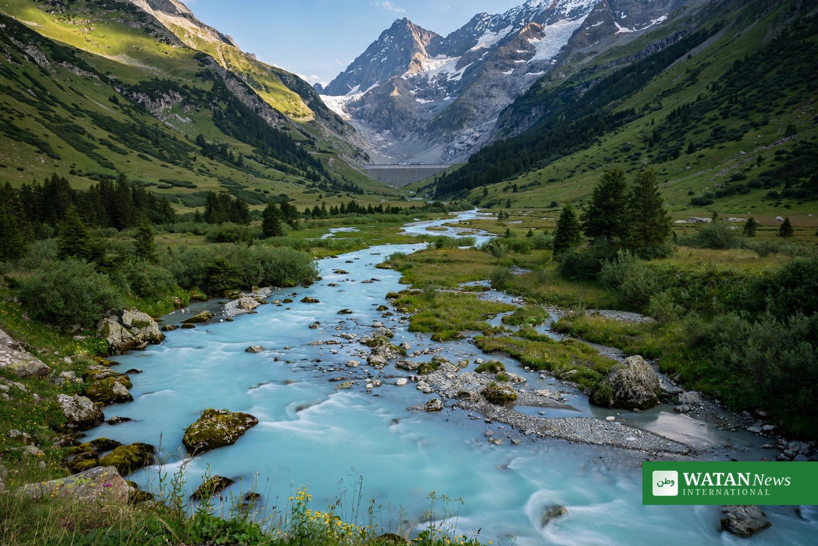 Swiss glaciers ice loss 2026 – milky glacial meltwater river flowing through a Swiss valley below a retreating glacier