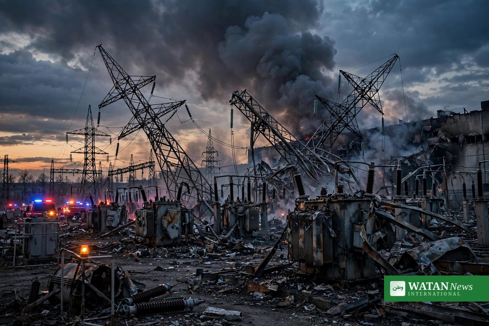 Ukraine energy grid attack: damaged power plant with smoke rising after a Russian missile strike