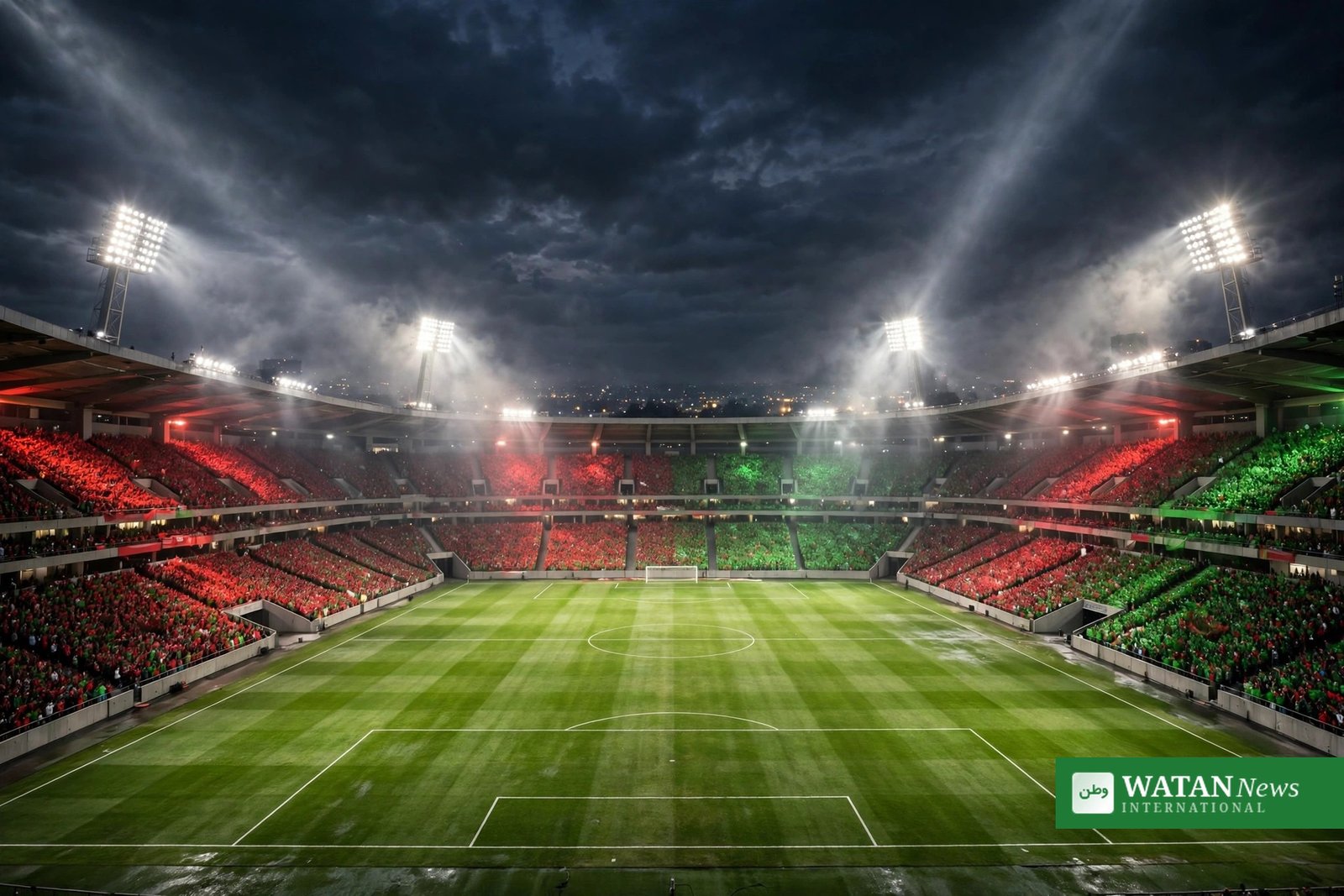 Cristiano Ronaldo forlader Portugal før Danmark-kampen – oplyst fodboldstadion om natten i røde og grønne farver