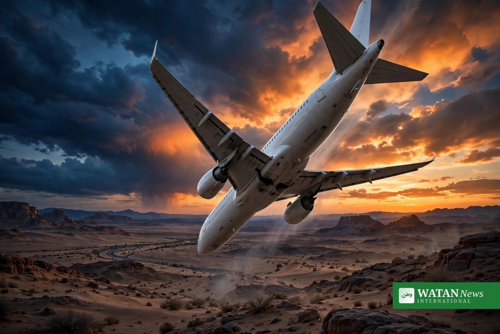 Israel flight FZ1073 – airliner in a steep emergency descent over the desert at dusk