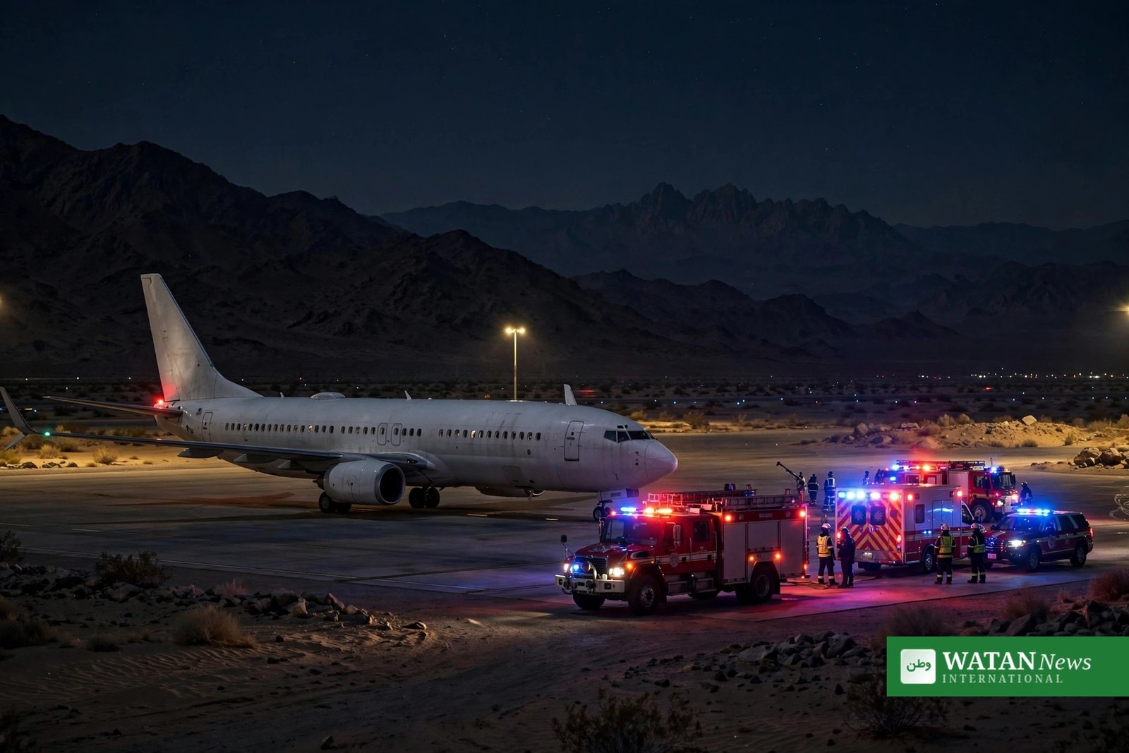 Israel flight FZ1073 – emergency vehicles around the landed airliner in Tabuk at night