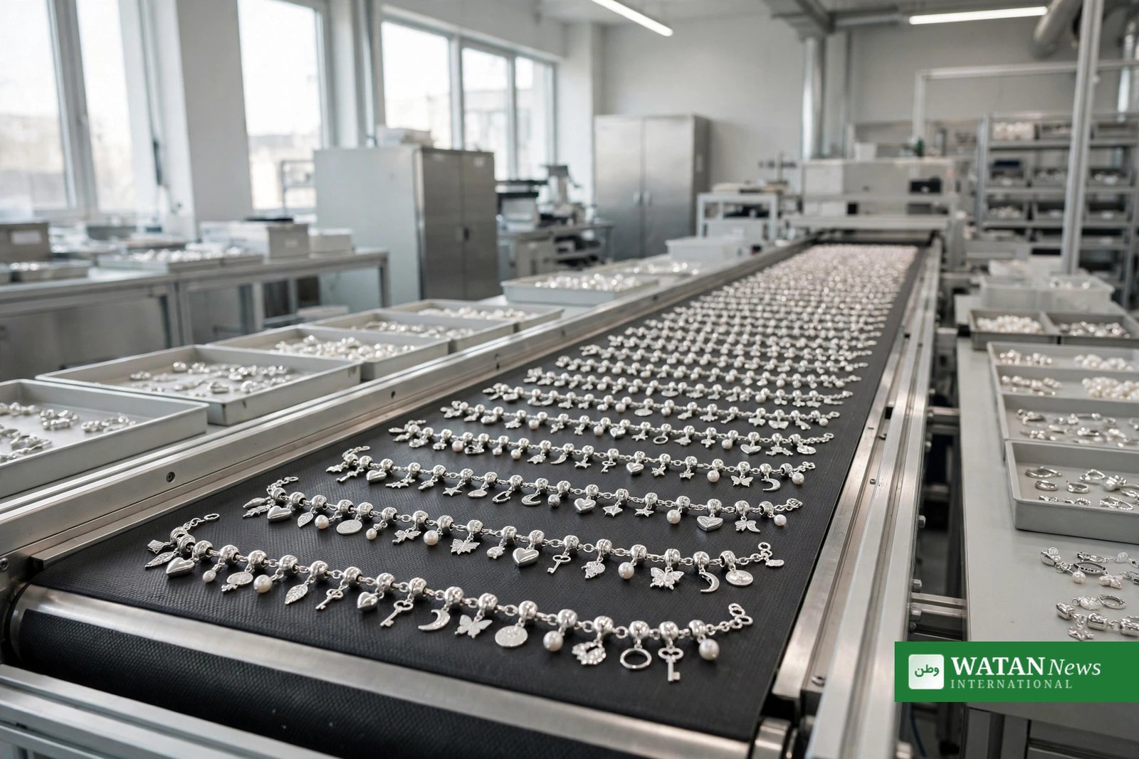 Pandora fabrik i Vietnam – rækker af færdige charmsmykker på produktionslinjen