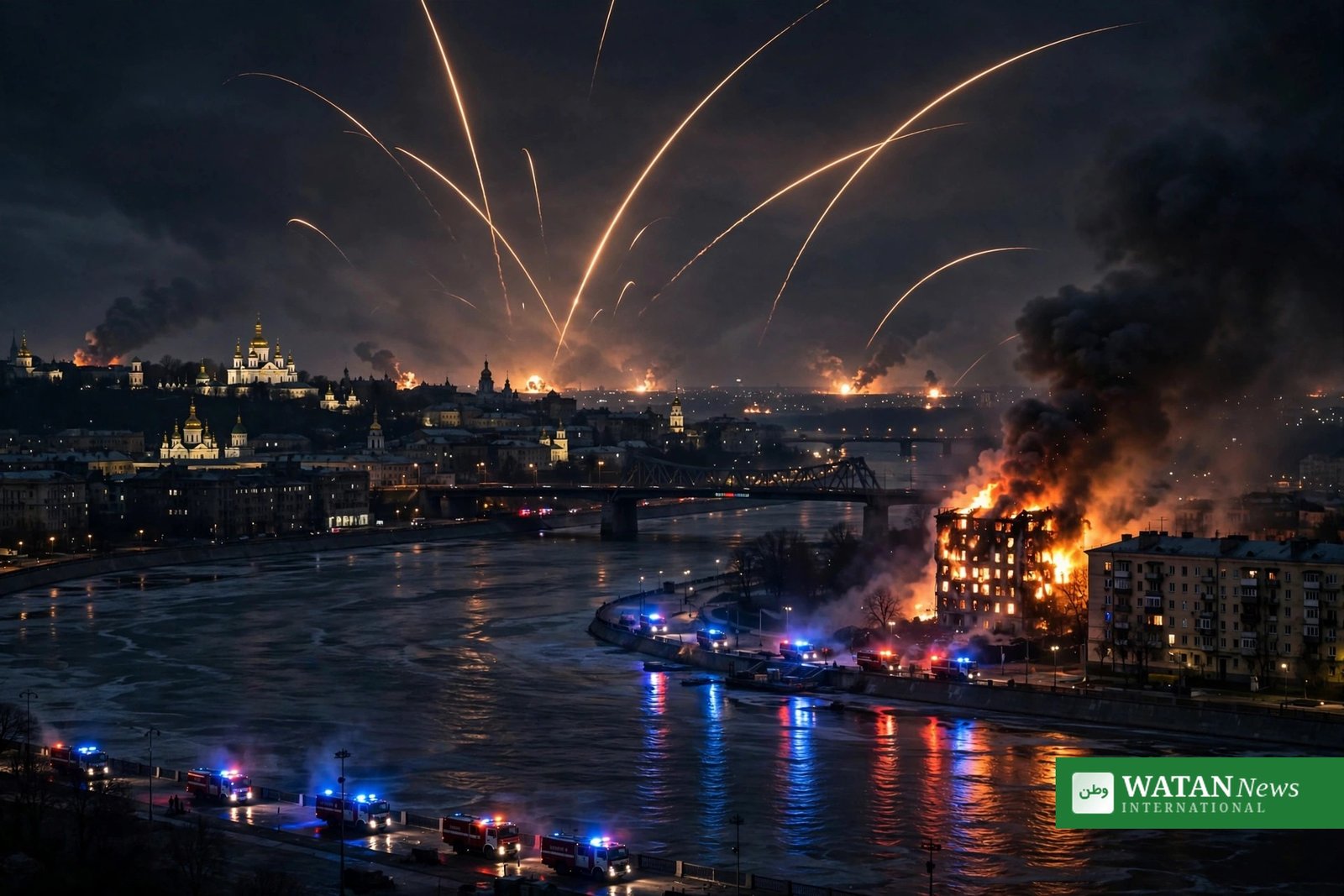 Russia strikes Ukraine — Kyiv at night as air defenses engage Russian drones and missiles