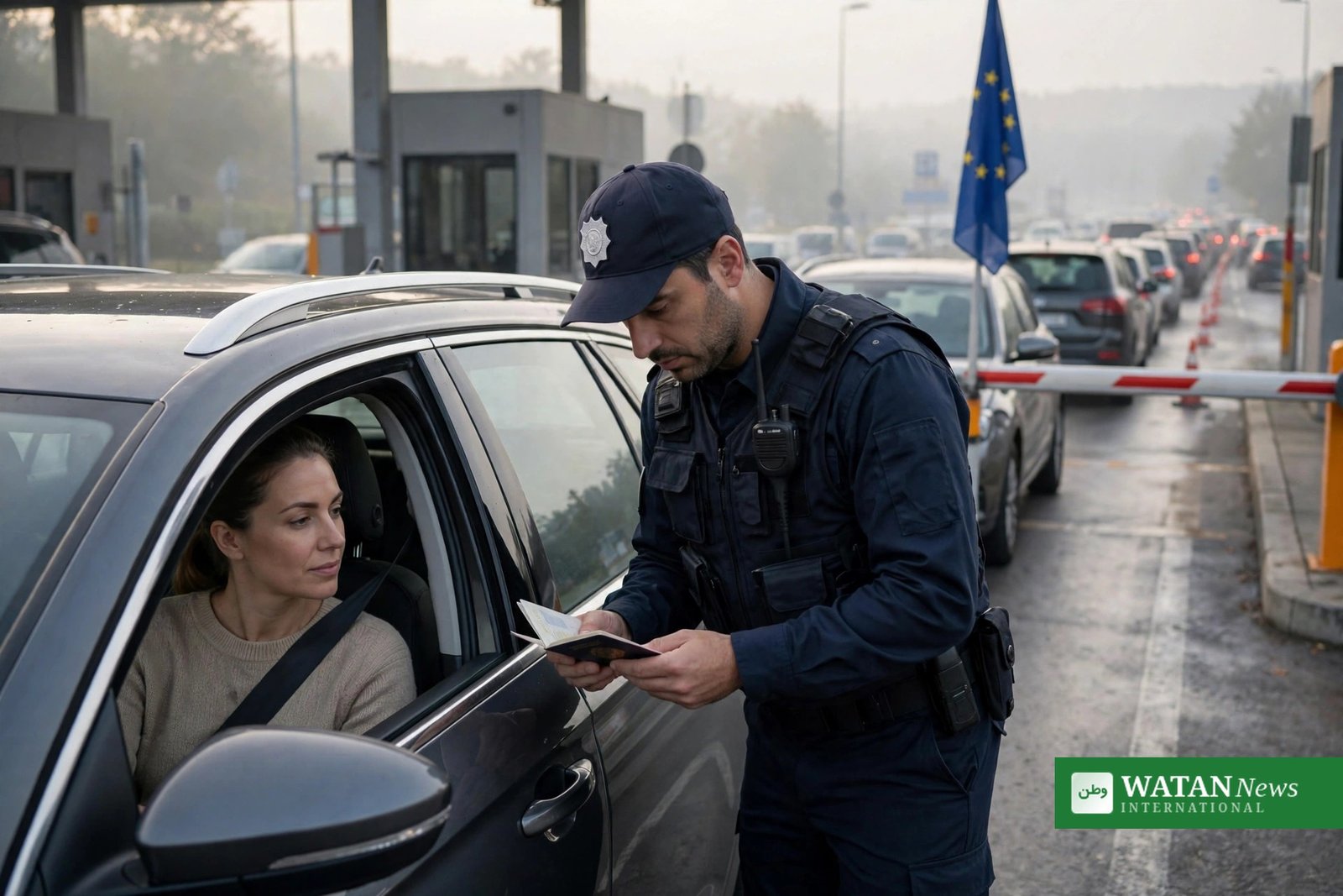Russia strikes Ukraine — border police checking documents at a European Schengen border crossing