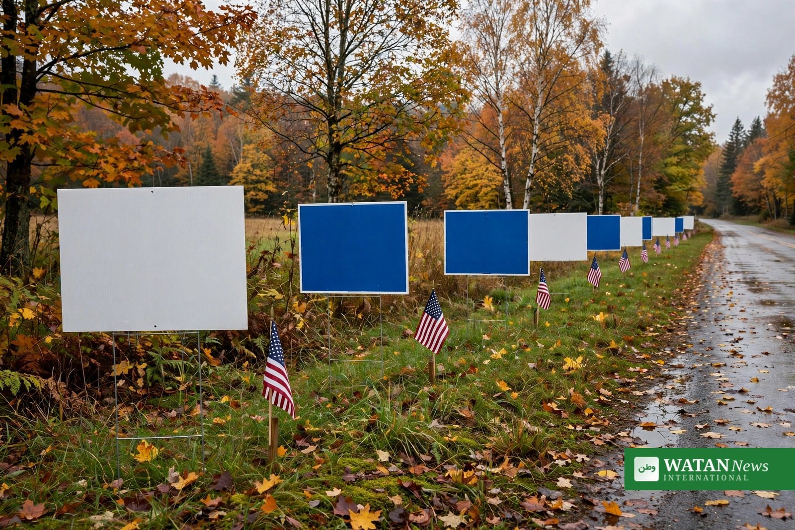 Maine Senate race: campaign signs along a rural Maine road