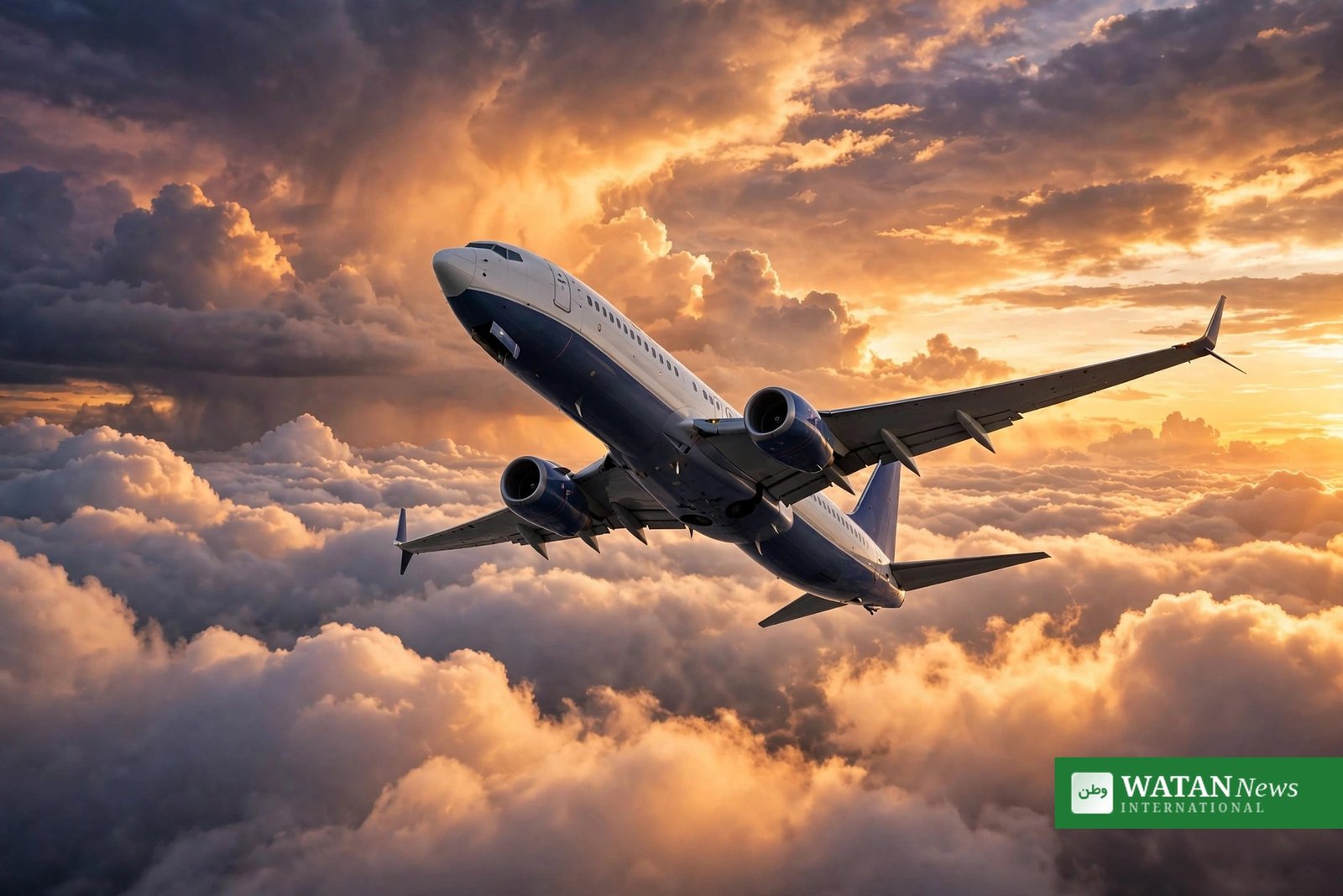 Flydubai hijacking: Boeing 737 airliner flying above clouds at sunset