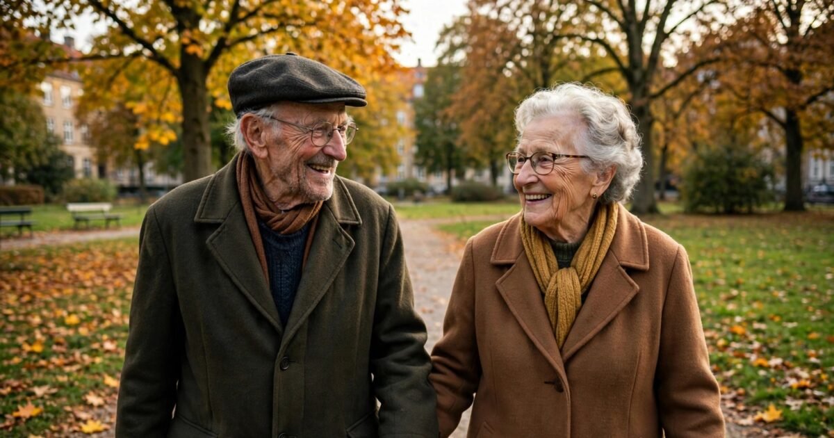 Ratepension 90 år: ældre dansk par i 90'erne på gåtur i parken i København