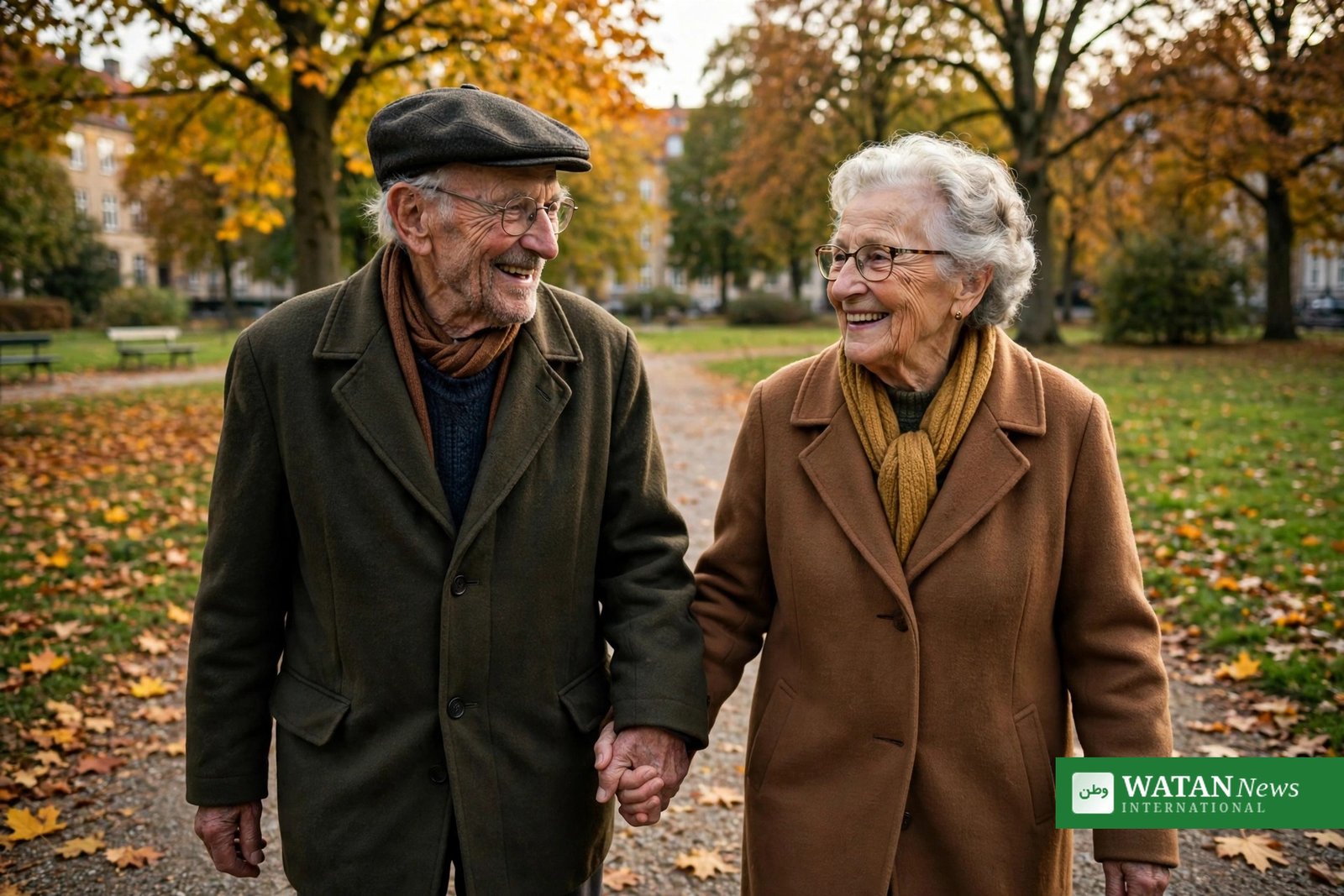 Ratepension 90 år: ældre dansk par i 90'erne på gåtur i parken i København