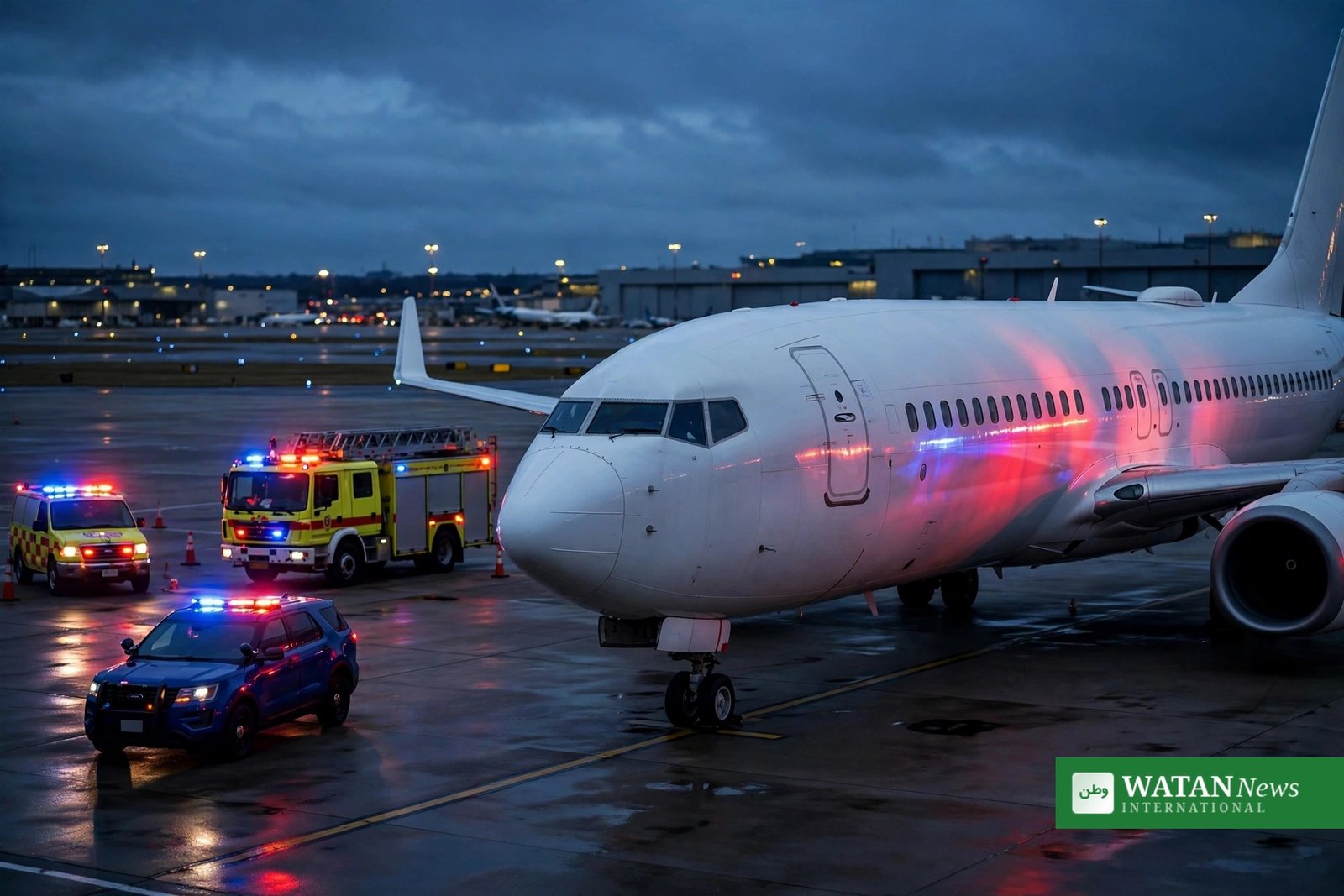 Airliner on tarmac with emergency vehicles — Flight FZ1073 landed safely in Tabuk after the flydubai cockpit stabbing