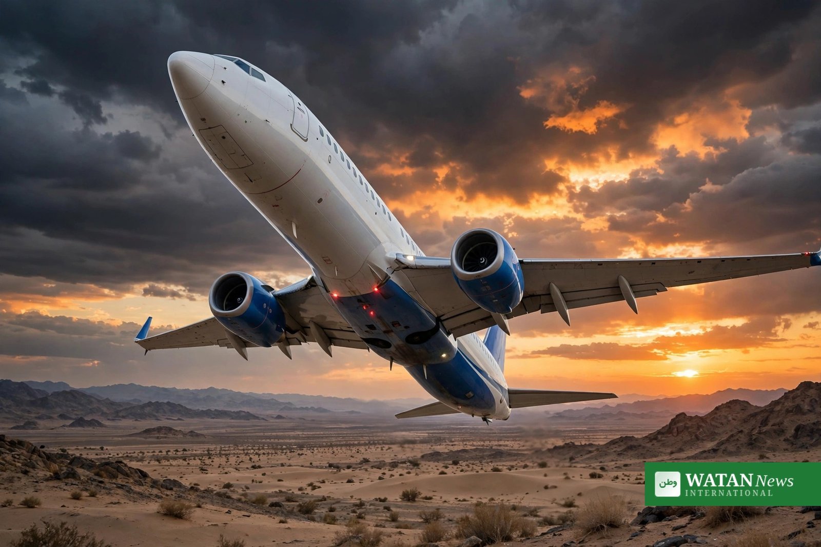 FlyDubai cockpit attack — Boeing 737 passenger jet climbing over desert at dusk on the Dubai to Tel Aviv route