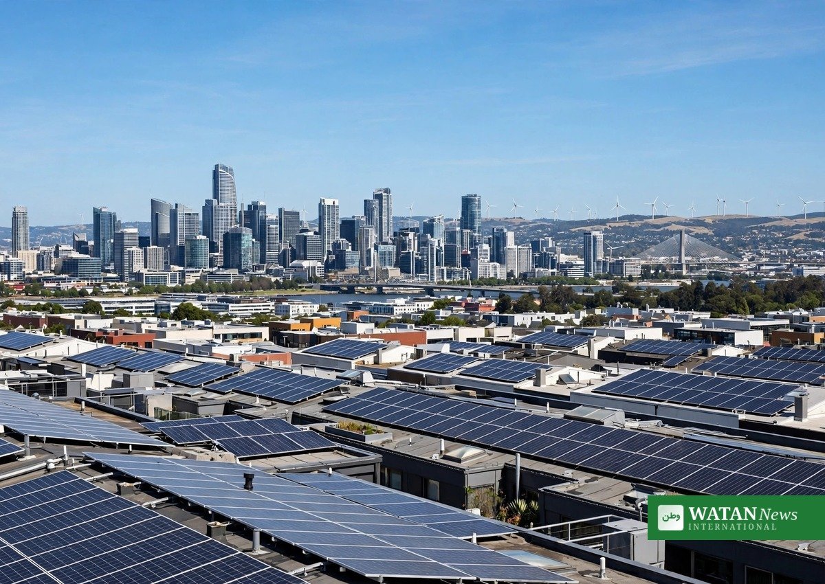 UNEP climate and clean air report: solar panels on city rooftops under a clear blue sky