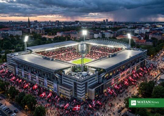 Parken Stadium in Copenhagen at dusk ahead of Denmark vs Portugal in the UEFA Nations League