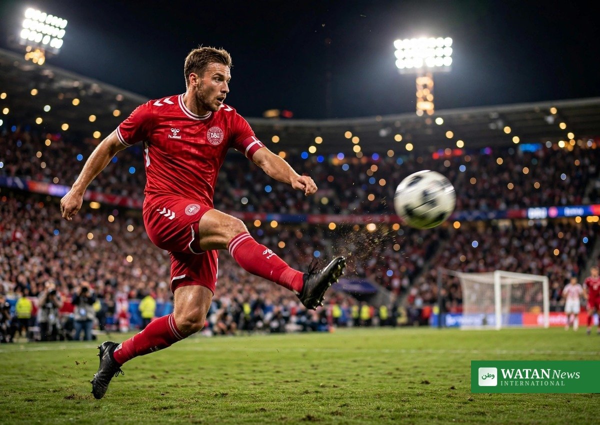 Denmark player striking the ball during Denmark vs Portugal UEFA Nations League action