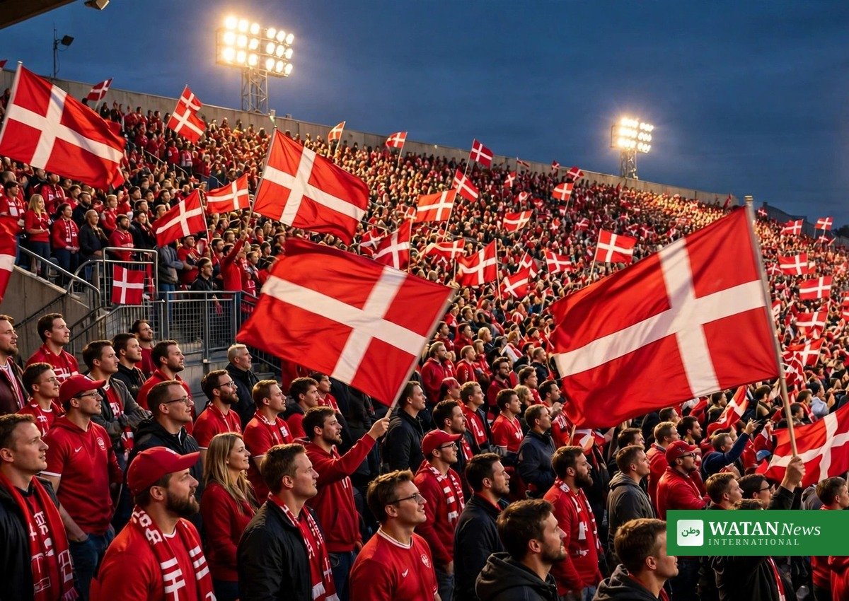Danish fans waving flags at Parken Stadium before Denmark vs Portugal