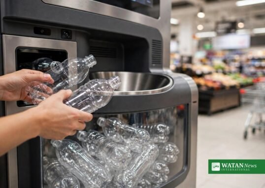 Plastic bottles being returned at a reverse vending machine — UN counts plastic bottles by the minute