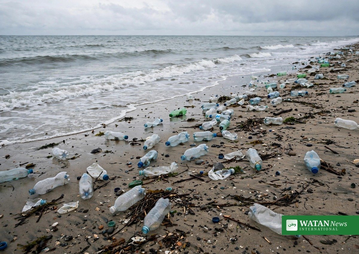Plastic bottles washed up on a beach — marine litter from single-use plastic bottles