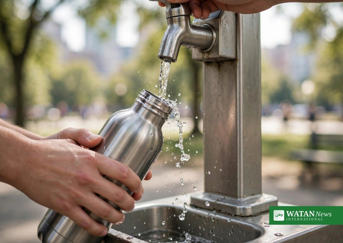 Refilling a reusable steel bottle at a public water station — an alternative to single-use plastic bottles