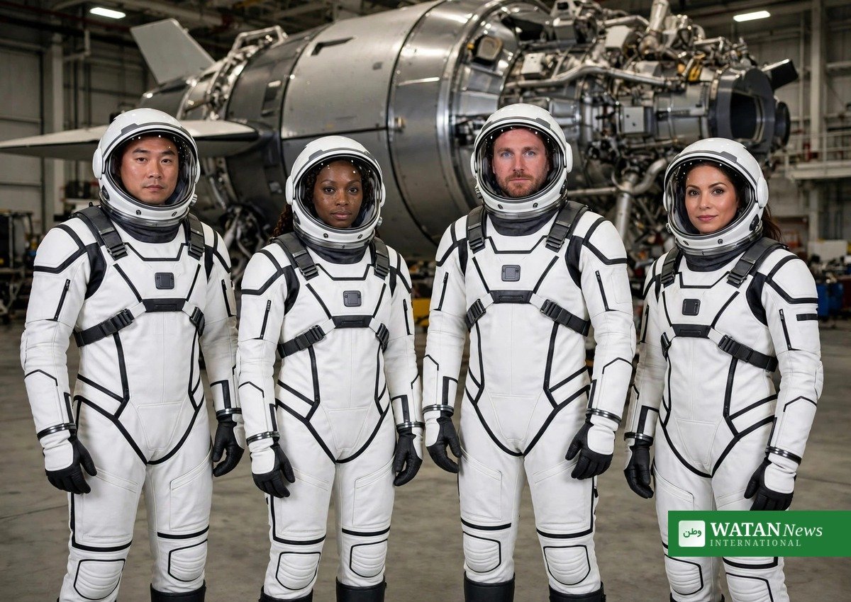 NASA Crew-13 astronauts Jessica Watkins, Luke Delaney, Joshua Kutryk and Sergey Teteryatnikov in spacesuits before the launch