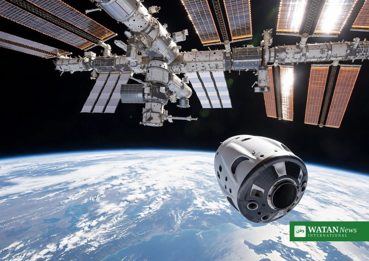 SpaceX Crew Dragon Grace capsule approaching the International Space Station above Earth