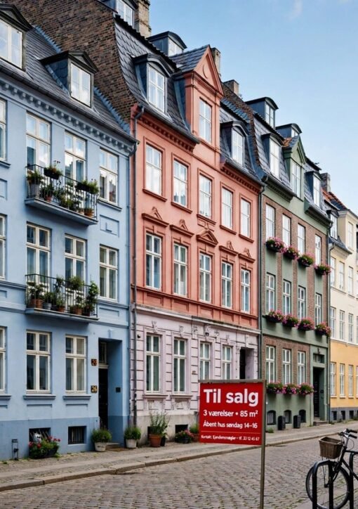 Københavnsk boligkvarter med 'Til salg'-skilt – debatten om rentefradrag og boliglån