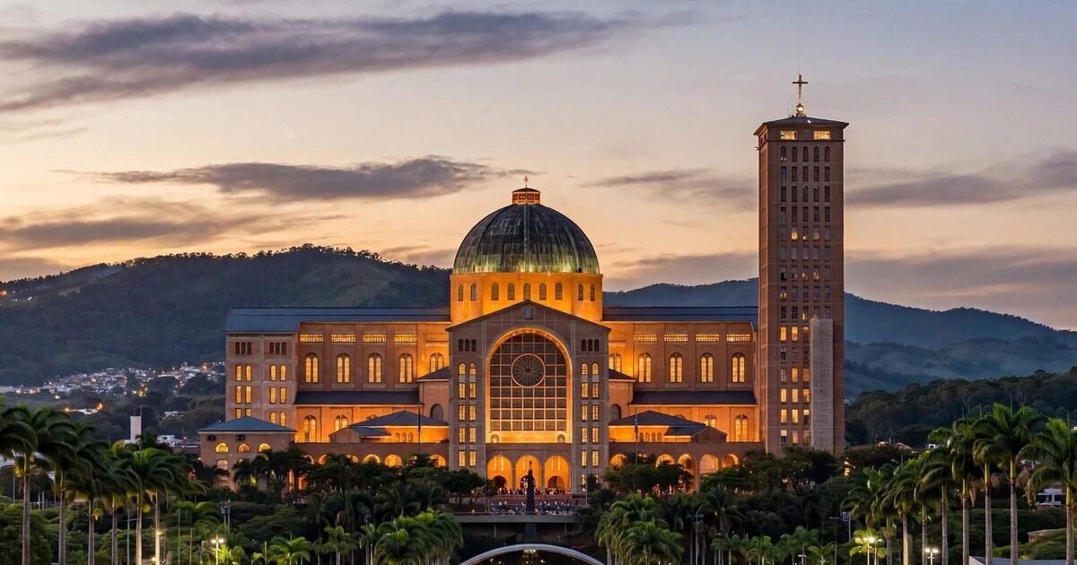 The Basilica of Our Lady of Aparecida at dusk – the Brazil patron saint row has gripped the election ahead of Sunday's vote
