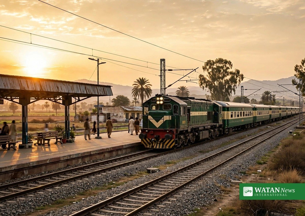 Pakistan Railways track repairs: passenger train arriving at a station at golden hour (illustrative image)