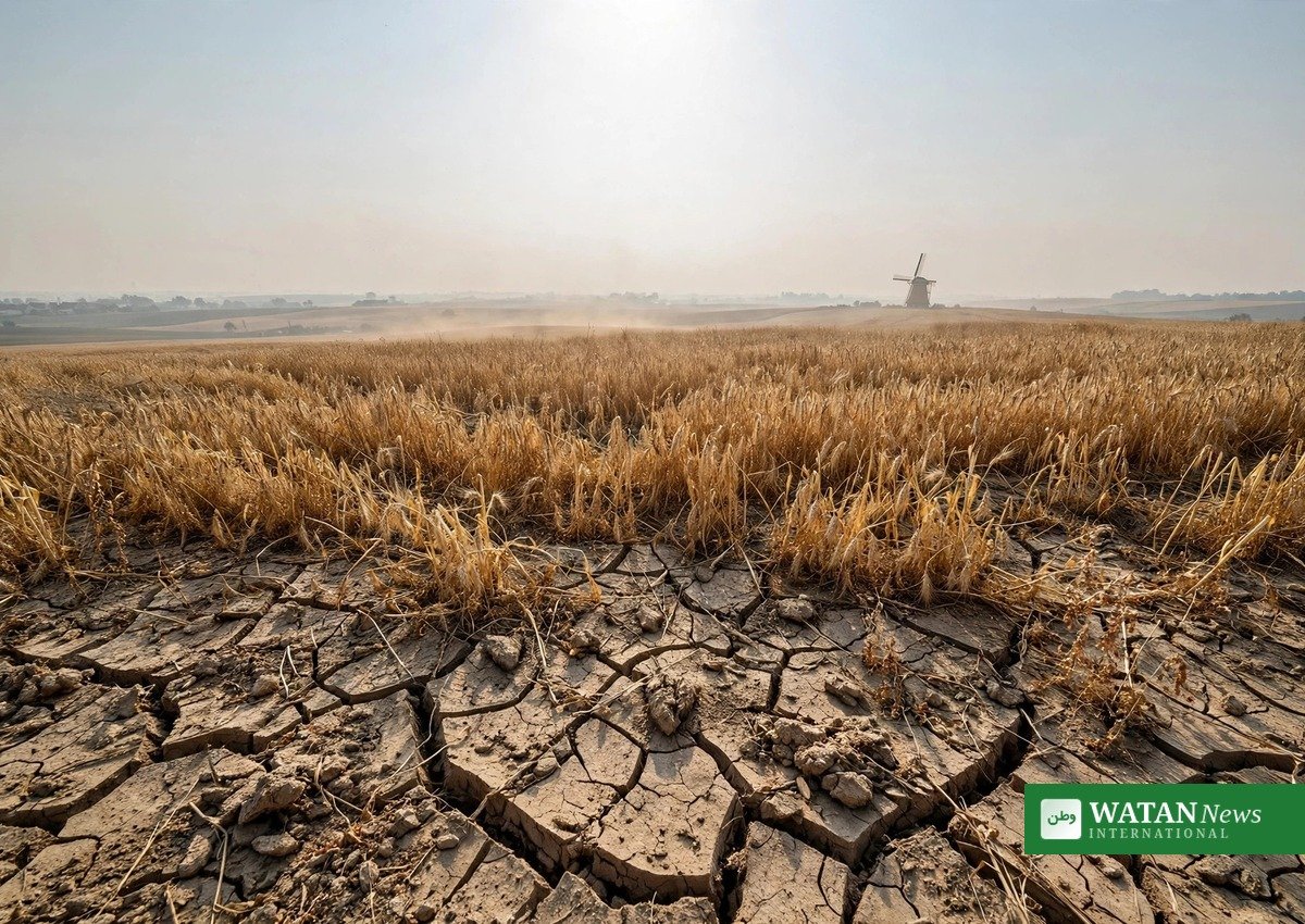 Europe heatwave 2026: scorched wheat field with cracked earth under blazing sun