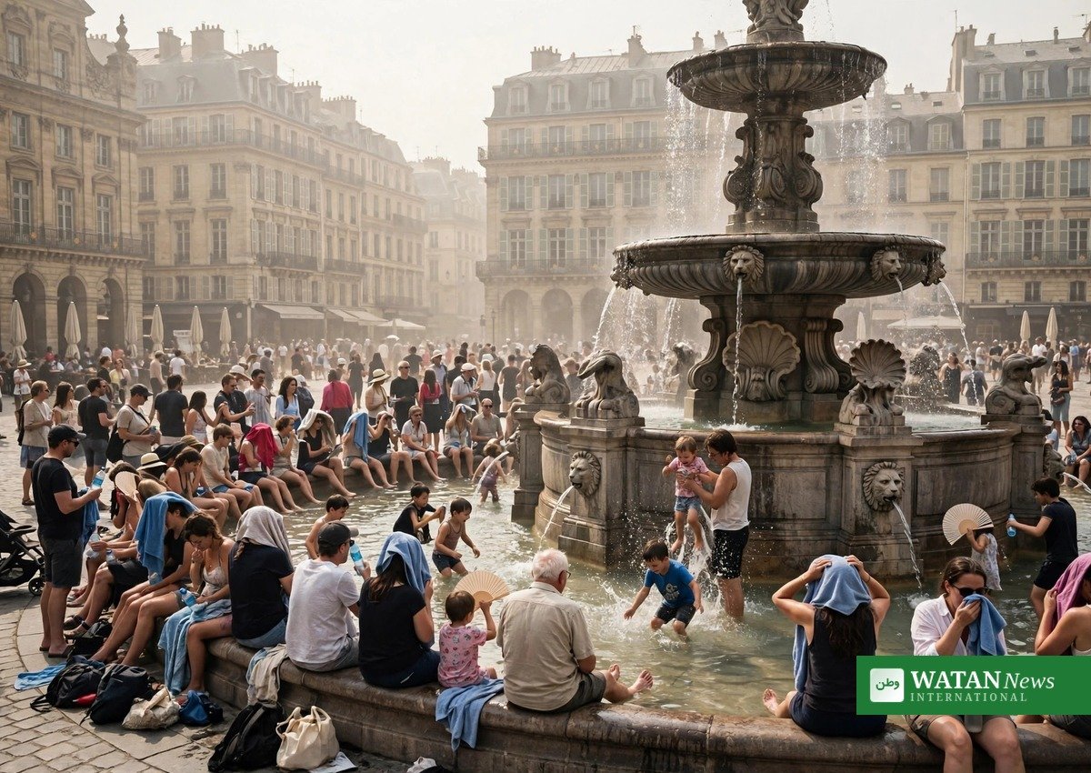 Europe heatwave 2026: people cooling off at a public fountain during extreme summer heat