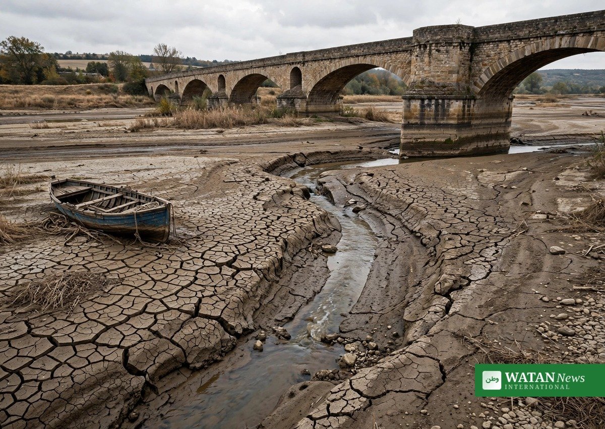 Europe heatwave 2026: a nearly dried-up European river with cracked riverbed