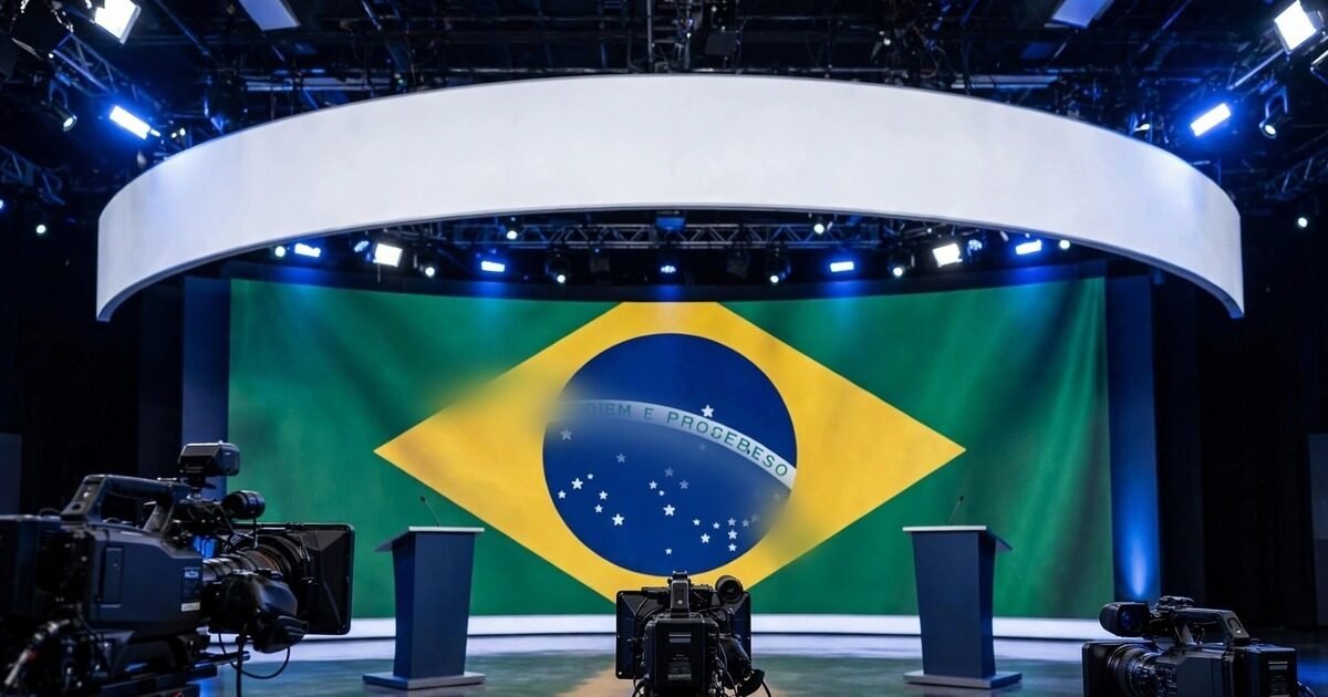 Brazil debate cancelled: empty TV debate stage with Brazilian flag backdrop (illustration)