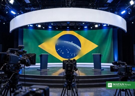 Brazil debate cancelled: empty TV debate stage with Brazilian flag backdrop (illustration)