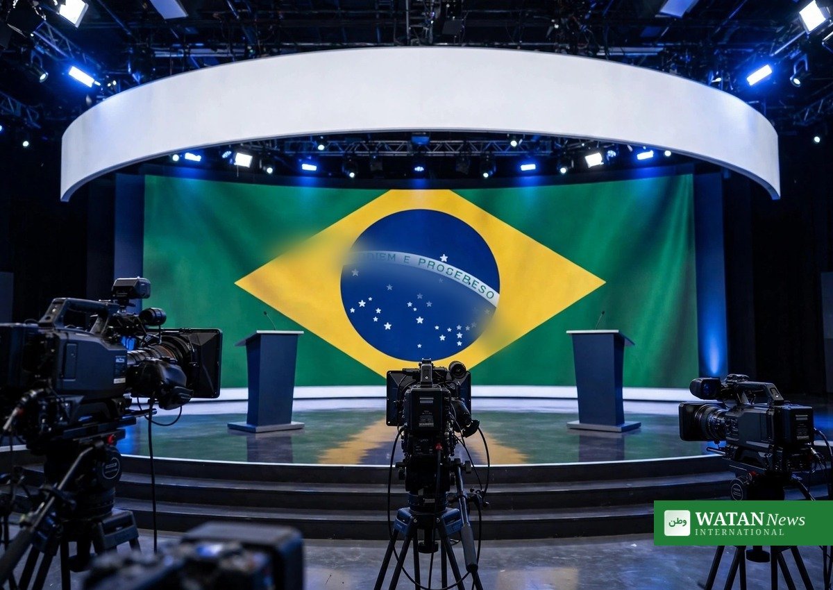 Brazil debate cancelled: empty TV debate stage with Brazilian flag backdrop (illustration)