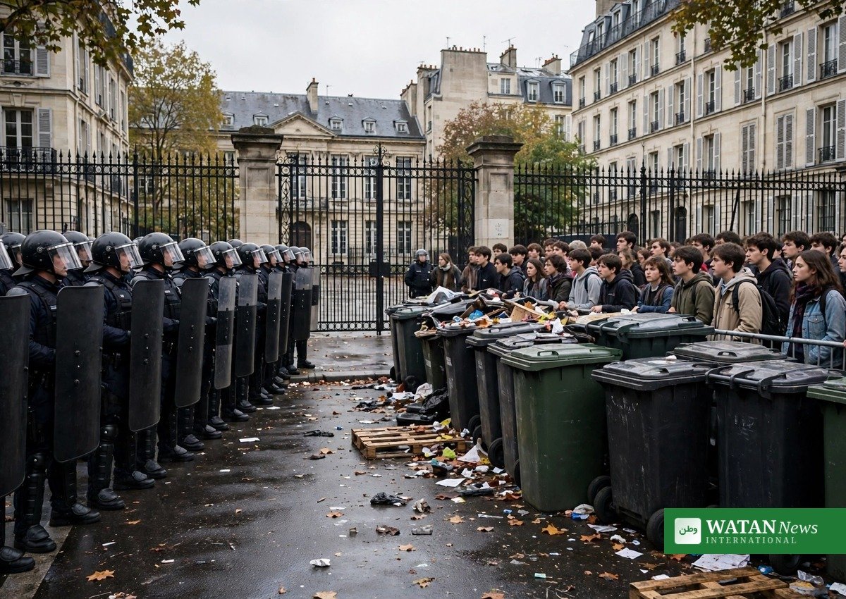 France school protests — riot police face student protesters at a blockaded school gate