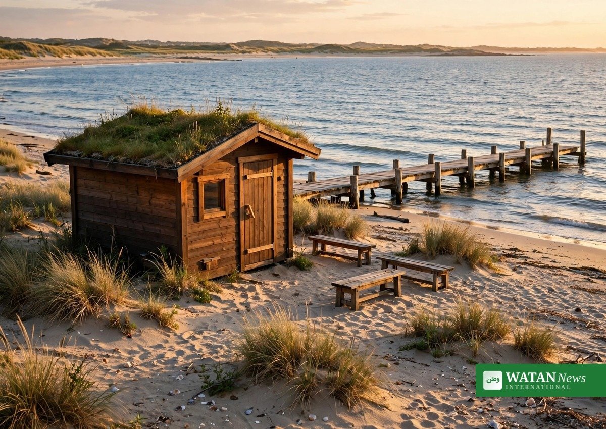 Træsauna ved den danske kyst i gyldent aftenslys – kystnære sheltere og saunaer