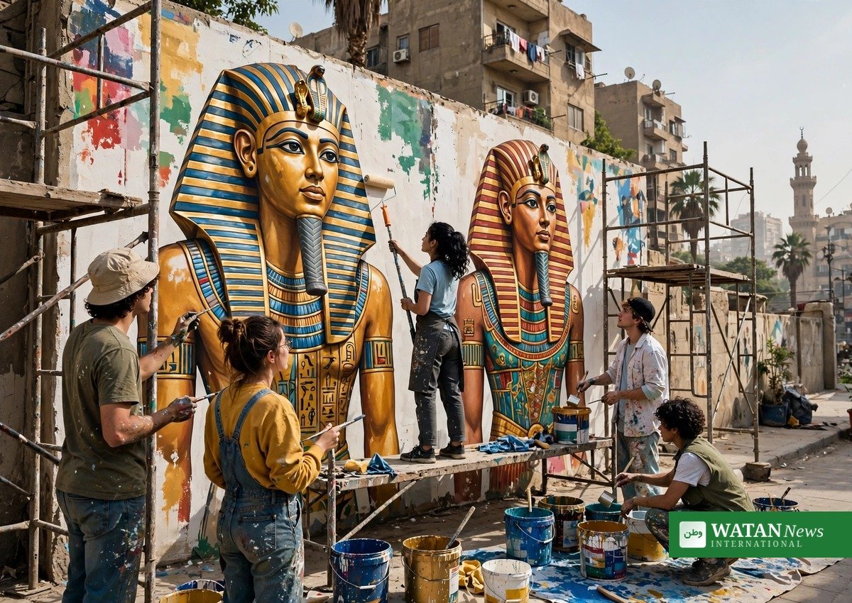Volunteer artists of the Rasmet Basma youth group painting the Cairo mural controversy artwork in Tahrir Square