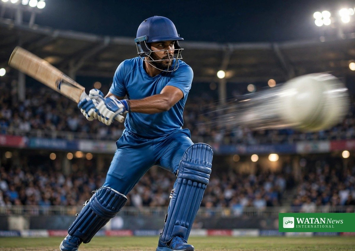 India vs Pakistan Asian Games cricket final – batsman in blue plays a pull shot under the floodlights