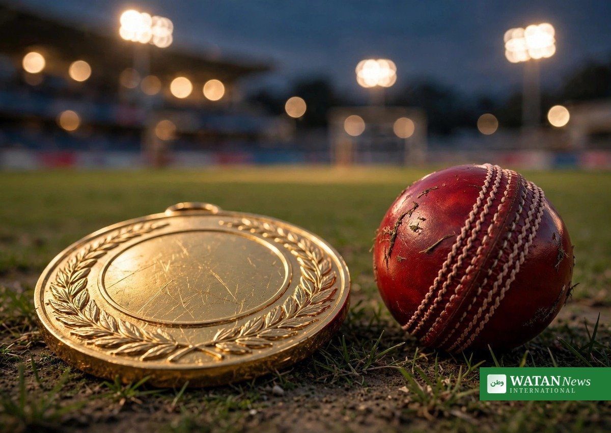 India vs Pakistan Asian Games cricket final – gold medal and cricket ball on the pitch